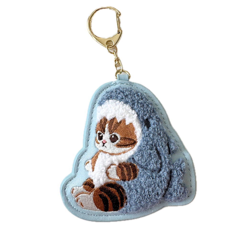 Mofusand shark costume cat embroidered keychain bag charm in blue with premium vegan leather and gold-tone clasp