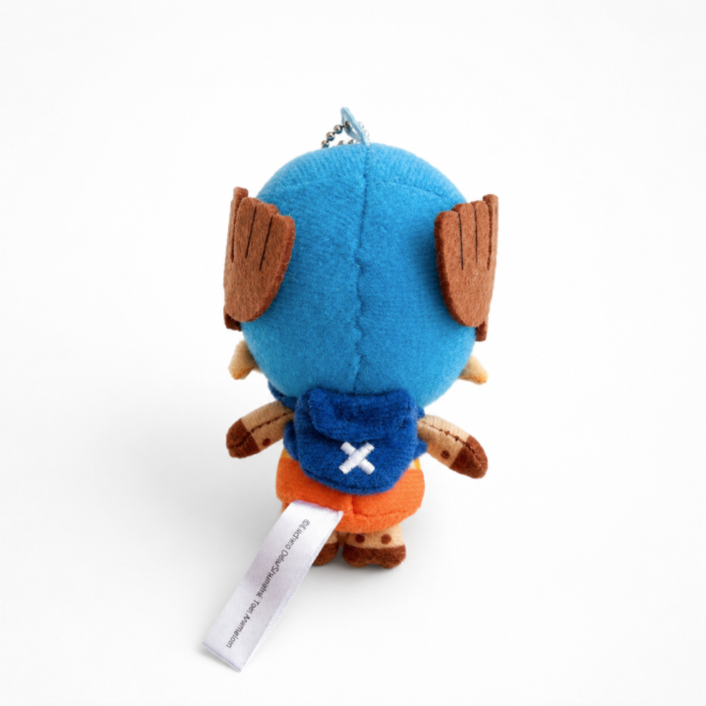 Back view of One Piece Tony Tony Chopper plush keychain bag charm featuring Chopper's blue backpack