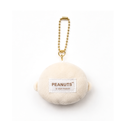 Back view of Peanuts Charlie Brown mini plush keychain with official Peanuts label and gold-tone ball chain