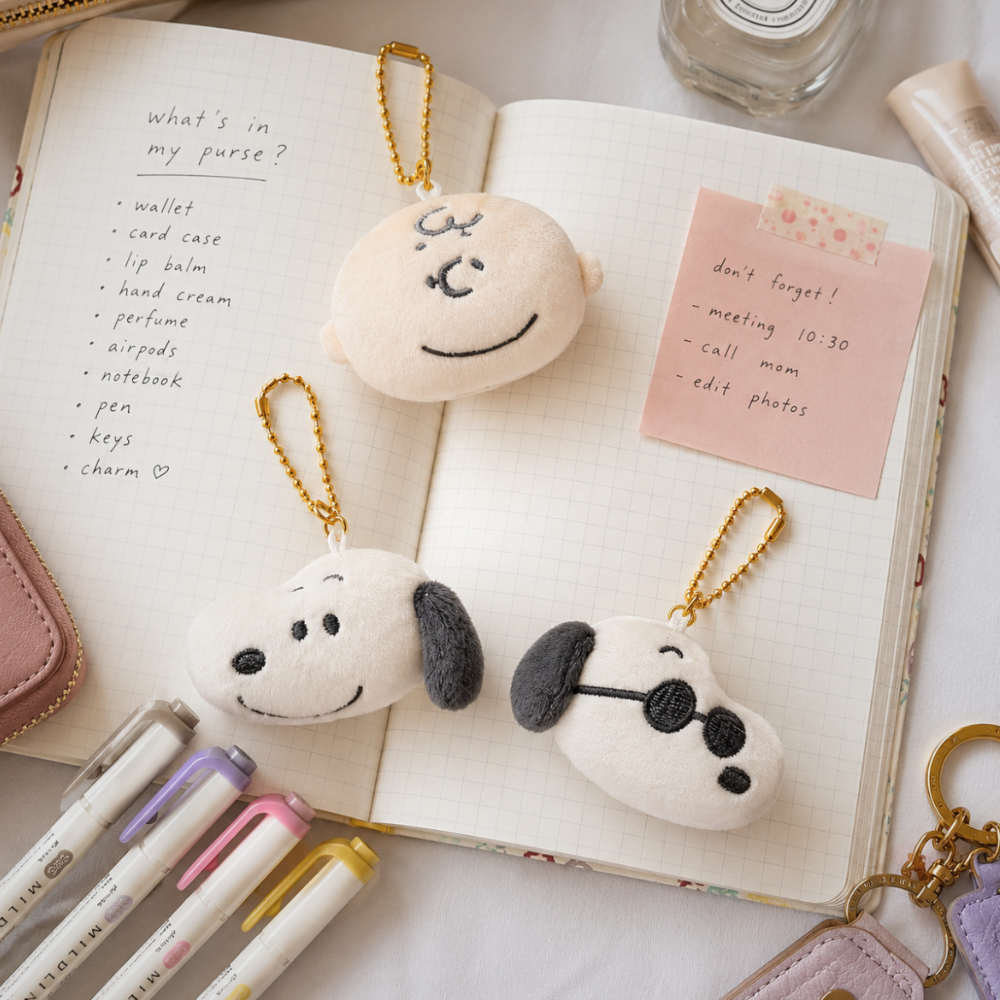 Peanuts Charlie Brown mini plush keychain displayed with Snoopy plush keychains from the Peanuts collection