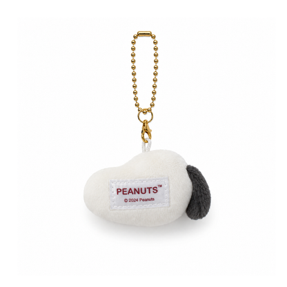 Back view of Peanuts Joe Cool mini plush keychain bag charm with official Peanuts label and gold-tone ball chain