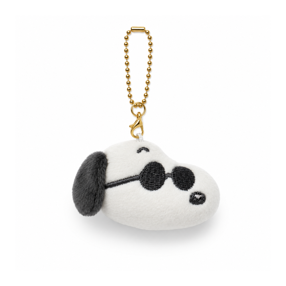 Peanuts Joe Cool mini plush keychain bag charm featuring Snoopy with embroidered sunglasses and gold-tone ball chain