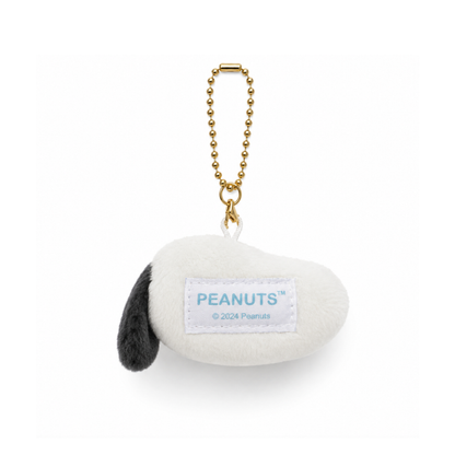Back view of Peanuts Snoopy mini plush keychain bag charm with official Peanuts label and gold-tone ball chain